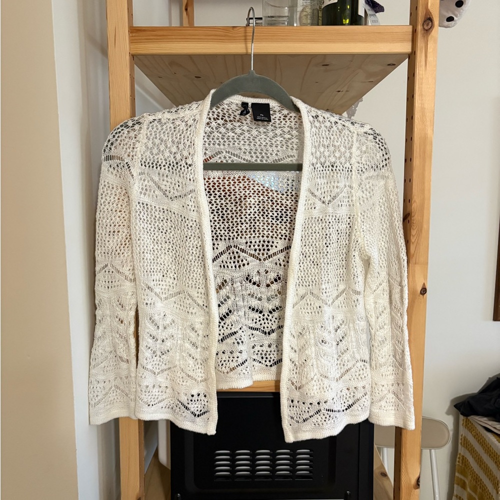 New Directions White Open-Knit, Crochet Cardigan